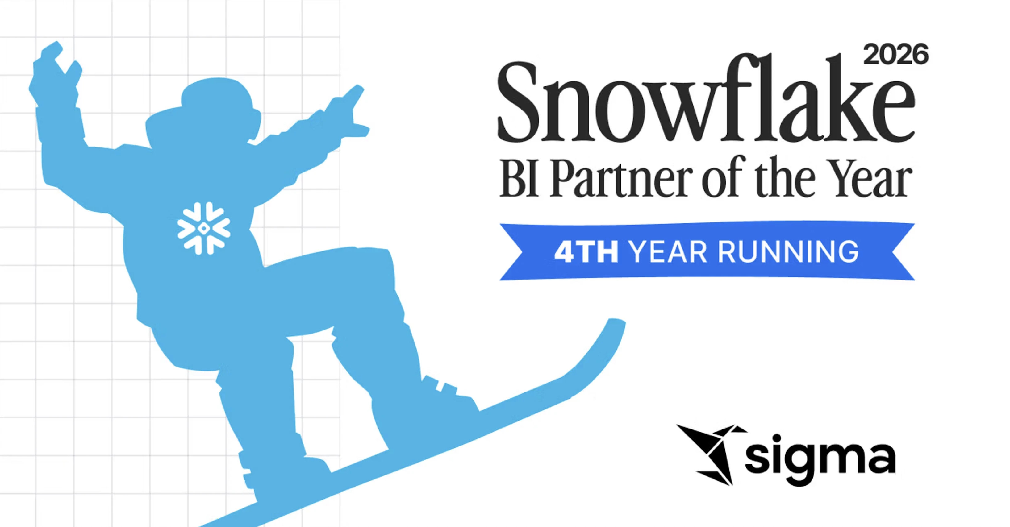 Sigma가 2026년 Snowflake BI Partner of the Year를 4년 연속(4th Year Running) 수상한 것을 알리는 공식 그래픽. 스노보드를 타는 파란색 실루엣과 Snowflake·Sigma 로고가 함께 표시되어 있다.Sigma가 2026년 Snowflake BI Partner of the Year를 4년 연속(4th Year Running) 수상한 것을 알리는 공식 그래픽. 스노보드를 타는 파란색 실루엣과 Snowflake·Sigma 로고가 함께 표시되어 있다.